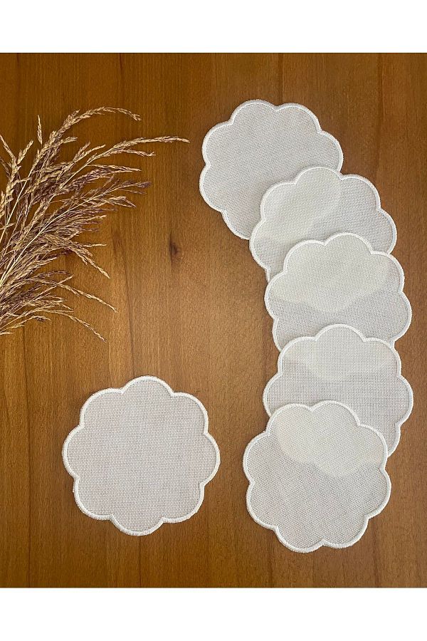 Smiling Home-Linen Linen Ecru Color Cloud Patterned 6 Pieces Cocktail Presentation Napkins Suitable for Etamine Processing 1