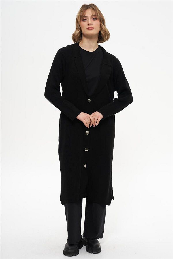 Mood Elite Long Black Cardigan Side Slit Detail Trendyol