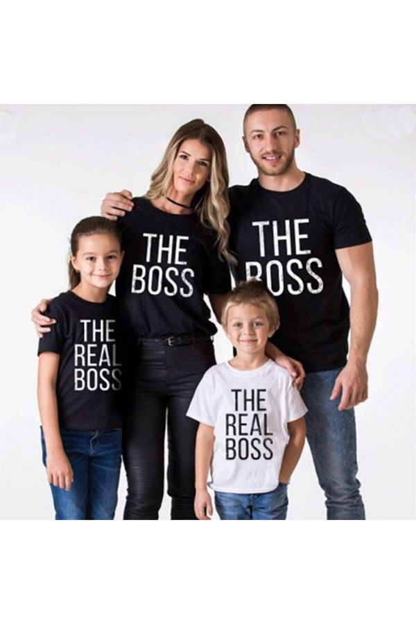 HediyeMania-The Boss The Real Boss Printed 4pcs Family T-Shirt Combination Mother Father Kids T-Shirts Family Combination 1