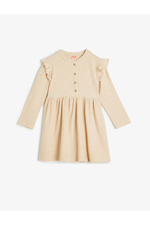 Koton Elbise Uzun Kollu Dokulu Fırfır Detaylı Düğmeli