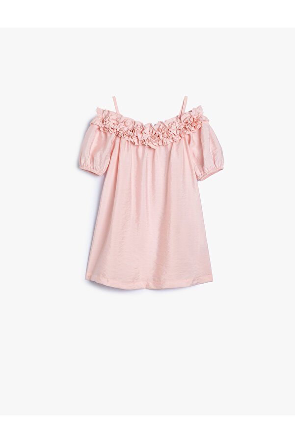 Koton Elbisesi Düşük Omuz Askılı Kısa Kollu Çiçek Aplikeli