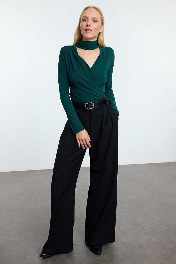 Trendyol Collection-Emerald Green Slim Fit Knitted Body - Double Breasted Collar with Tie Detail Twoaw25bd00015 1