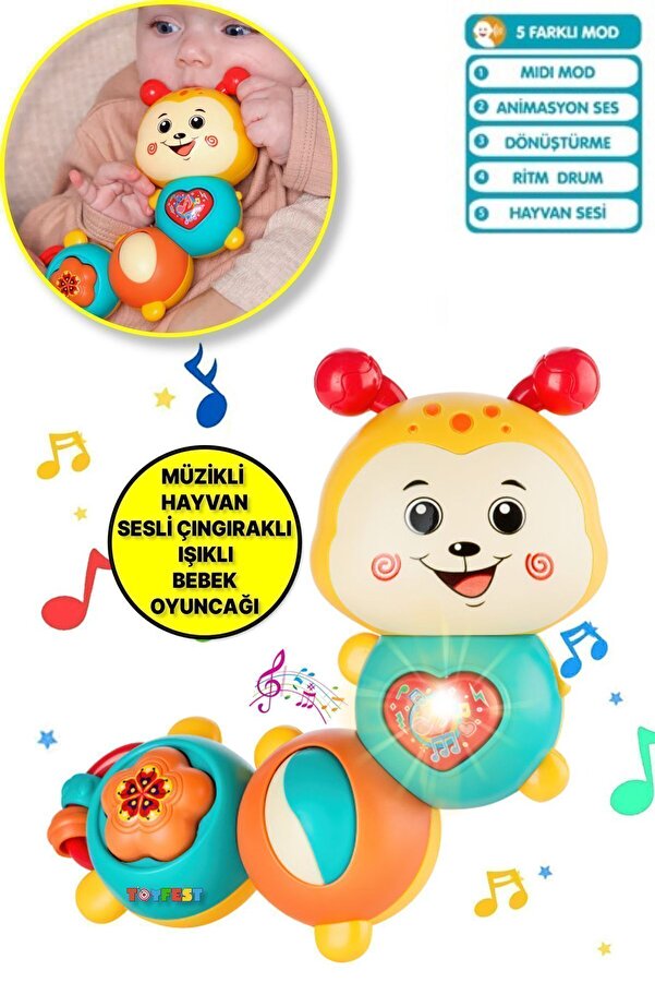 TOYFEST Çıngıraklı Işıklı Ninnili Müzikli Tırtıl Şekilli İnteraktif Bebek Eğitici Tuşlu Oyuncak - Sarı