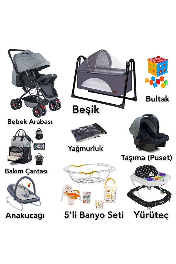 4KİDS Beşik Bebek Çeyiz Seti 13 Parça Çift Yön Bebek Arabası Beşik Ana Kucağı Yürüteç Küvet Takımı