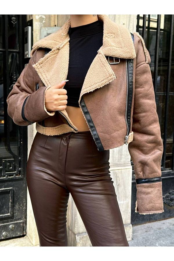 Suede faux fur biker jacket shop