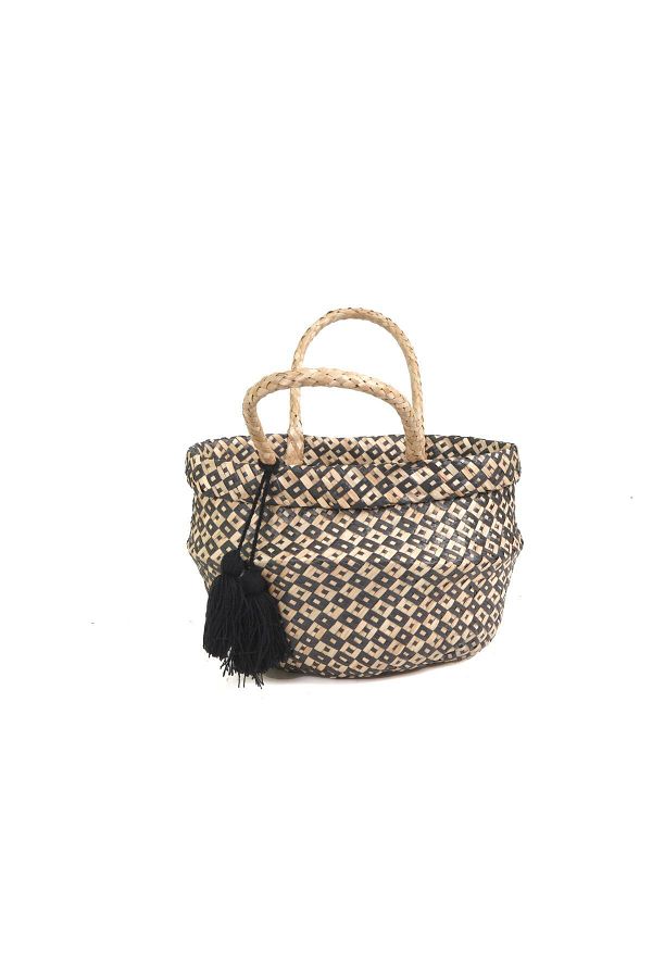 KANCAEV-Wicker Black Tasseled Foldable Basket - Long Handle 1