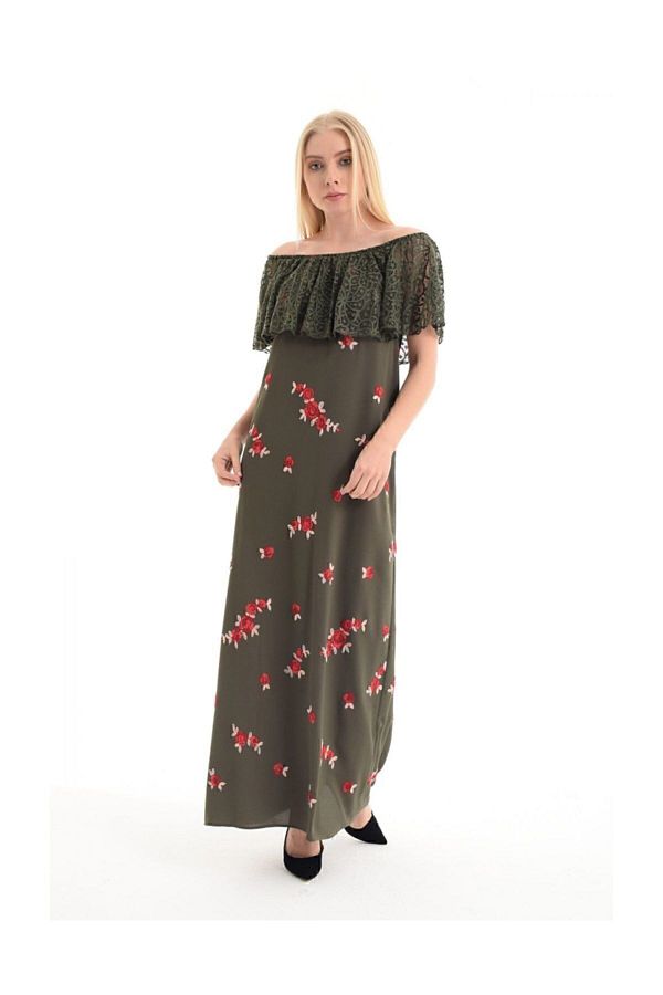 Sense-Rochie kaki cu imprimeu floral - Roba din dantela si fusta suculenta |   Elb31504 1