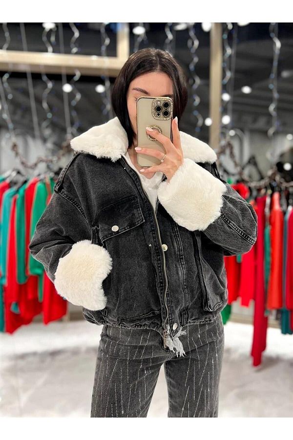 missswans Leksa Short Fur Lined Denim Coat Trendyol