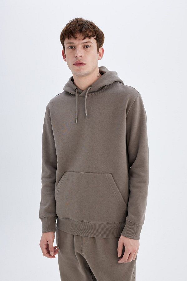 Defacto Braunes einfarbiges Basic Sweatshirt mit Taschen normaler Passform Kapuze und weichen Federn innen X8283az24au Trendyol