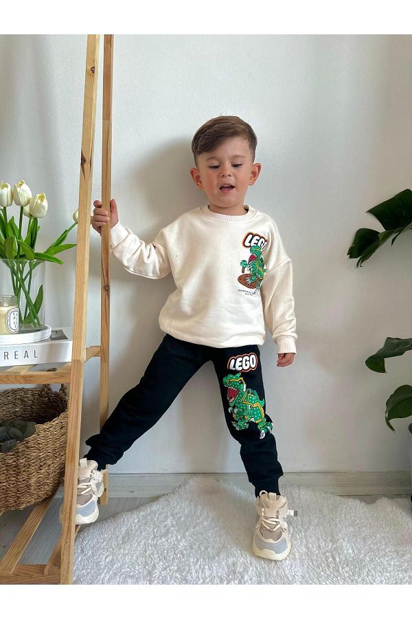 öykümgaleria-Dinosaur Printed 3 Thread Fabric Top and Bottom Set for Boy 1
