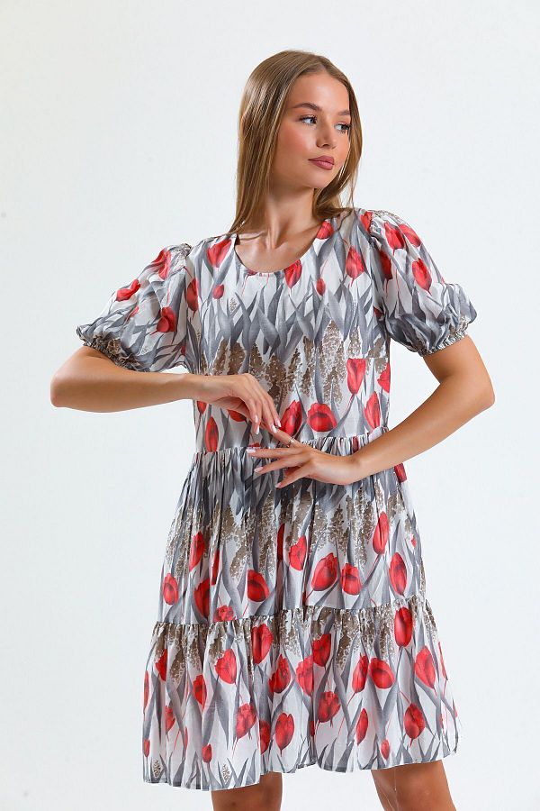Sense-Tulip Print Dress with Drop and Pockets - Elastic Cuffs, Elb34306 Red 1