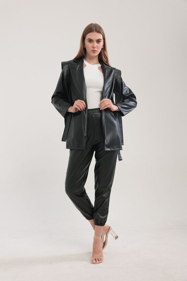 HARMONY GLOBAL Black Faux Leather Belted Blazer Jacket and Joger Pants Set 16063 Trendyol