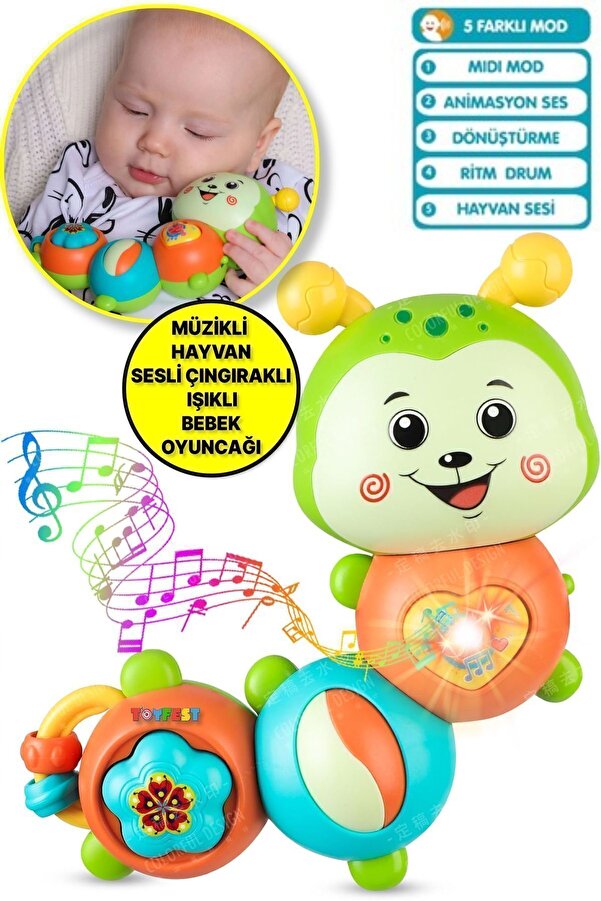 TOYFEST Çıngıraklı Işıklı Ninnili Müzikli Tırtıl Şekilli İnteraktif Bebek Eğitici Tuşlu Oyuncak - Yeşil