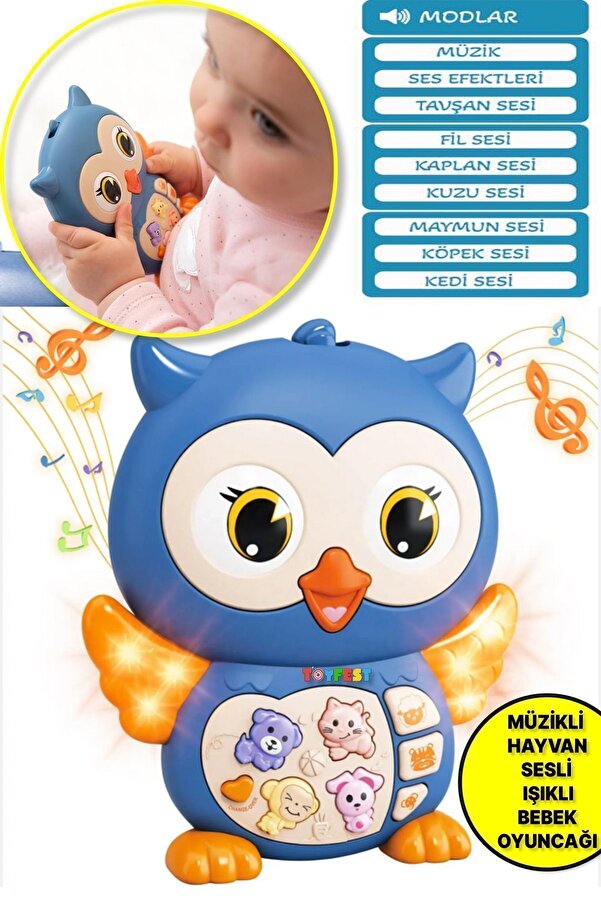 TOYFEST Hayvan Sesleri Çıkaran Işıklı Müzikli Baykuş Modelli İnteraktif Bebek Eğitici Tuşlu Oyuncak - Mavi