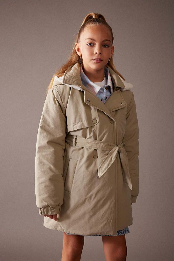 Defacto Girl Water Repellent Faux Fur Lined Hooded and Belted Raincoat A0883A823Au Trendyol