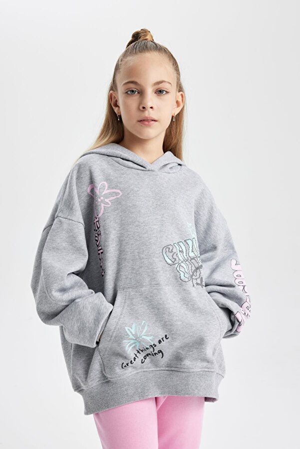 Defacto Girl's Soft Feather Oversize Hooded Sweatshirt