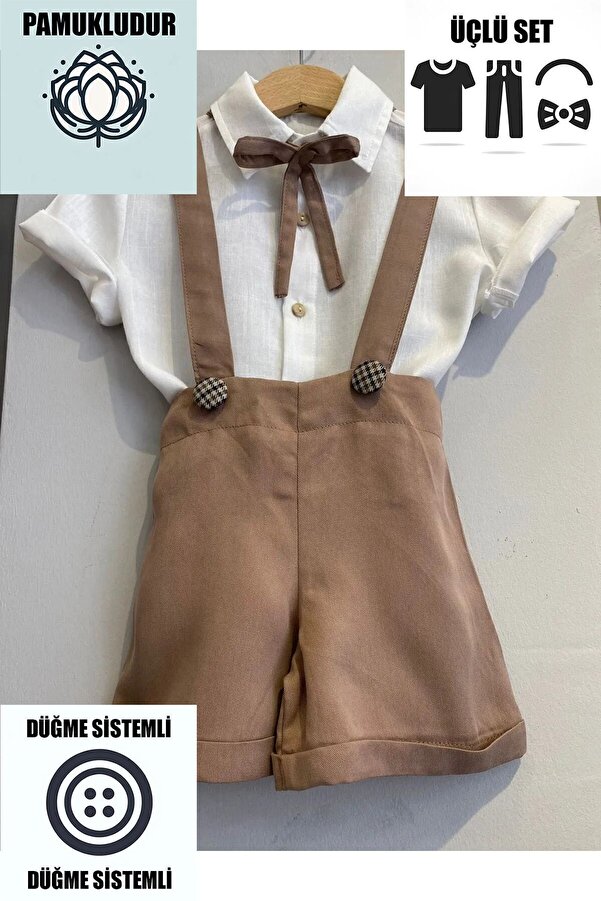 Ares Kids Fashion Ekose Düğmeli Kısa Kahverengi Salopet Beyaz Gömlek Takım Bayramlık Çocuk Bebek Giyim