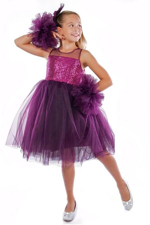 Buse&Eylül Bebe-Girl's Purple Pompom Sleeve Birthday Party Dress 1