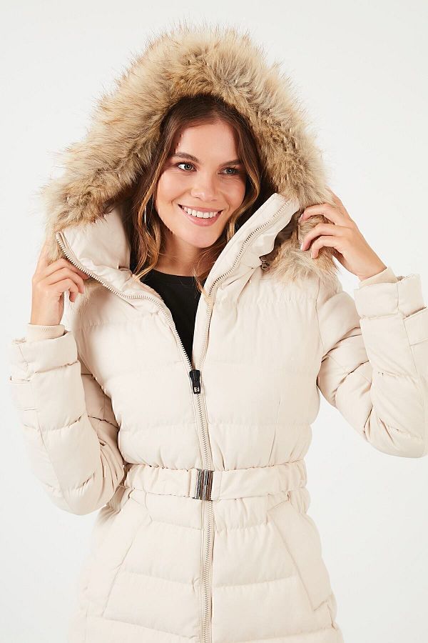 Faux fur hooded belted puffer coat outlet