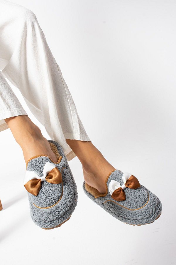 STOCON-Gray Bow Tie Winter Women's Slippers - Home and Dowry Slippers, Gift Slippers 1