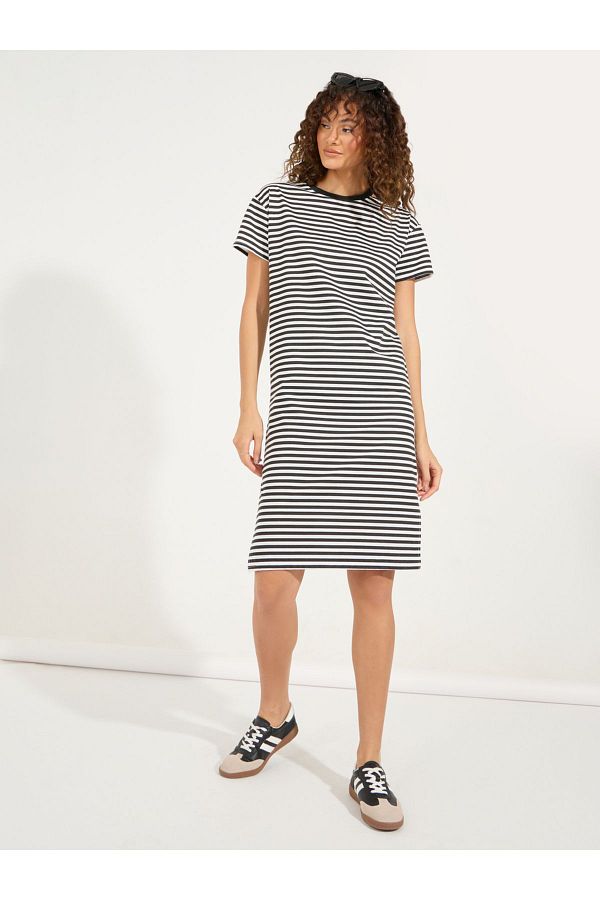 Styli Striped Cold Shoulder T Shirt Knee Length Dress Trendyol