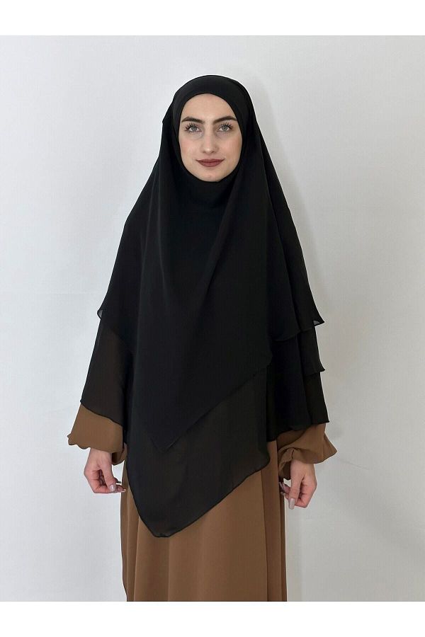R&S modibone-Black Souffle Khimar - Three-Layer, Veil and Chiffon Scarf, 4 Strings 1
