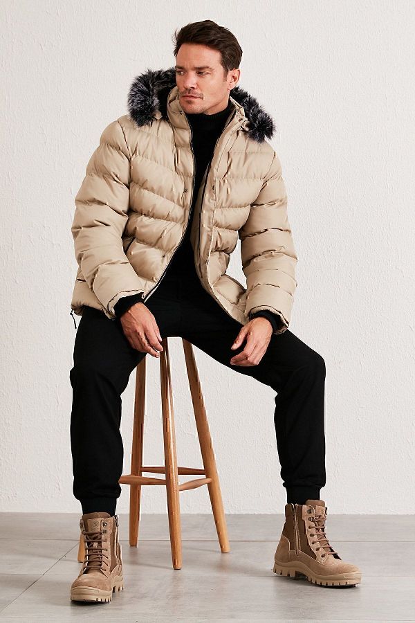 Buratti Slim Fit Faux Fur Plush Lined Removable Hooded Sweater Men s COAT 5761080 B Trendyol