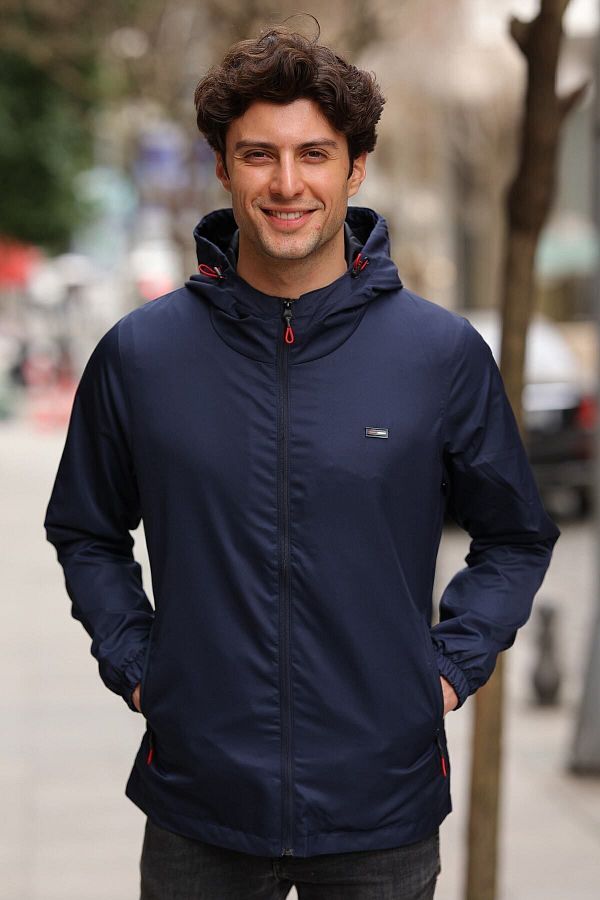 River Club Men s Navy Blue Lined Hooded Raincoat with Pockets Windbreaker Jacket Trendyol