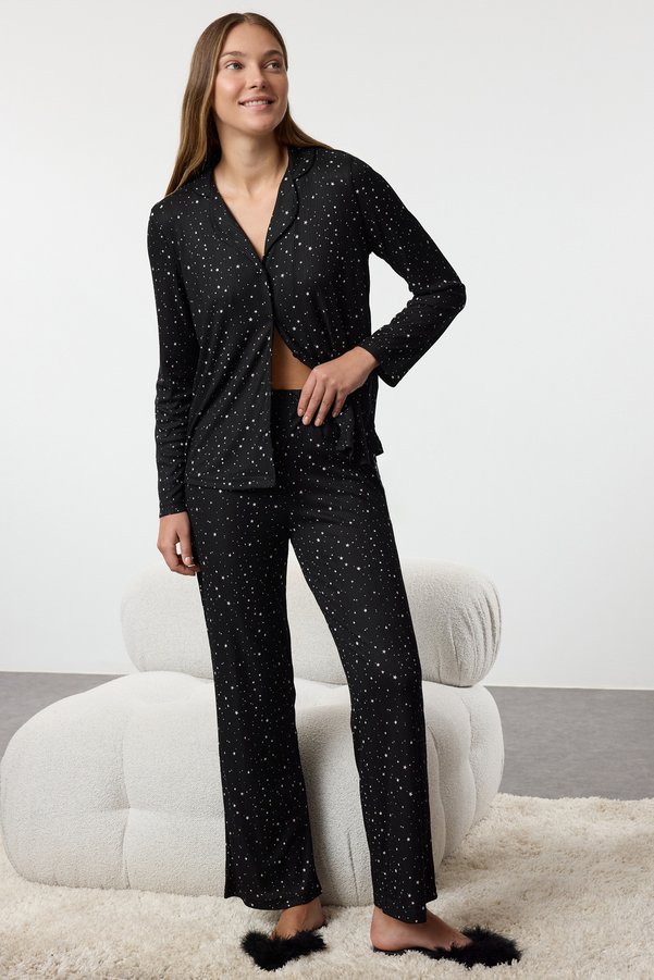 Trendyol Collection Black Star Patterned Ribbed Knitted Pajama Set Thmaw25Pt00177