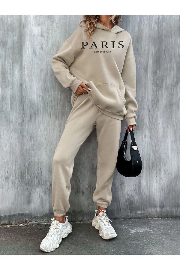 MODAR CH Paris Romantic City Pattern Tracksuit Set Beige Hooded Jogger Sweatpants Trendyol