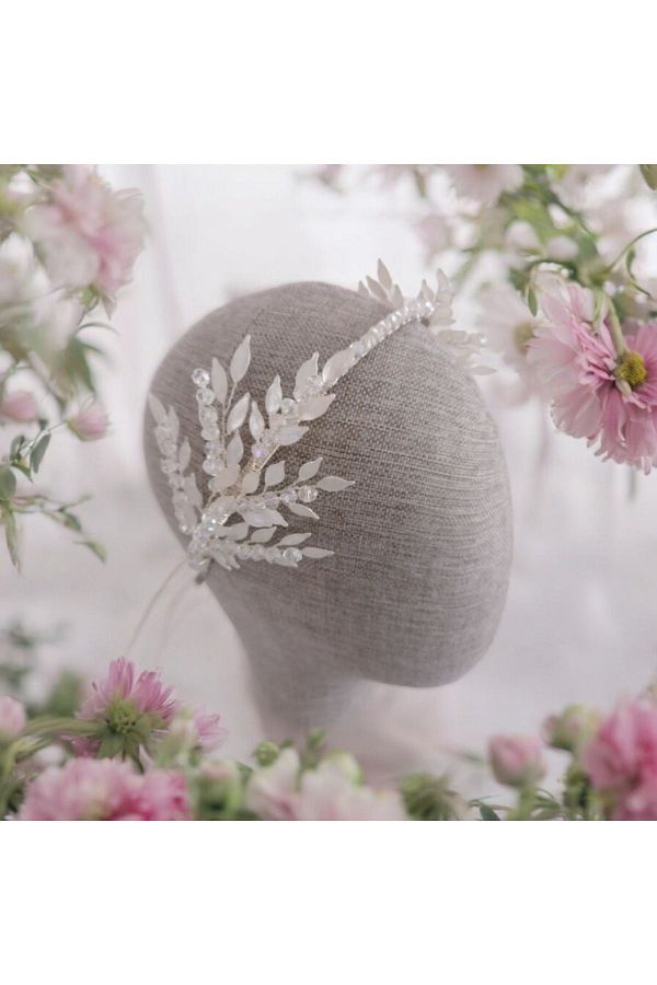 Mirnova-White Bridal Crown - Crystal Stone Helen Leaf Model Hair Accessory 1