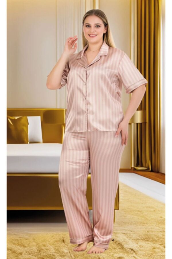Cooqpoo-Milk Coffee Striped 2Xl-3Xl-4Xl Size Pajamas Set 1