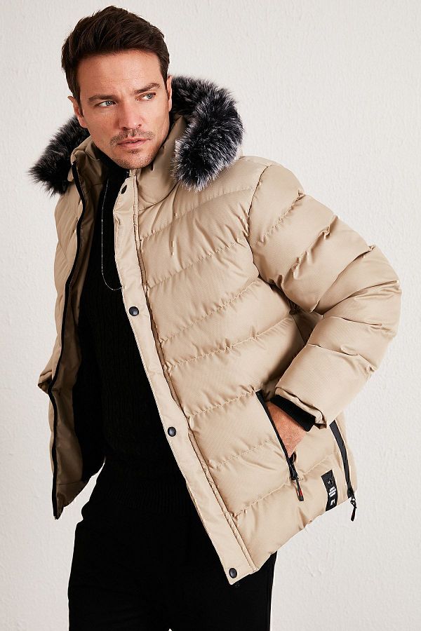 Buratti Slim Fit Faux Fur Plush Lined Removable Hooded Sweater Men s COAT 5761080 B Trendyol