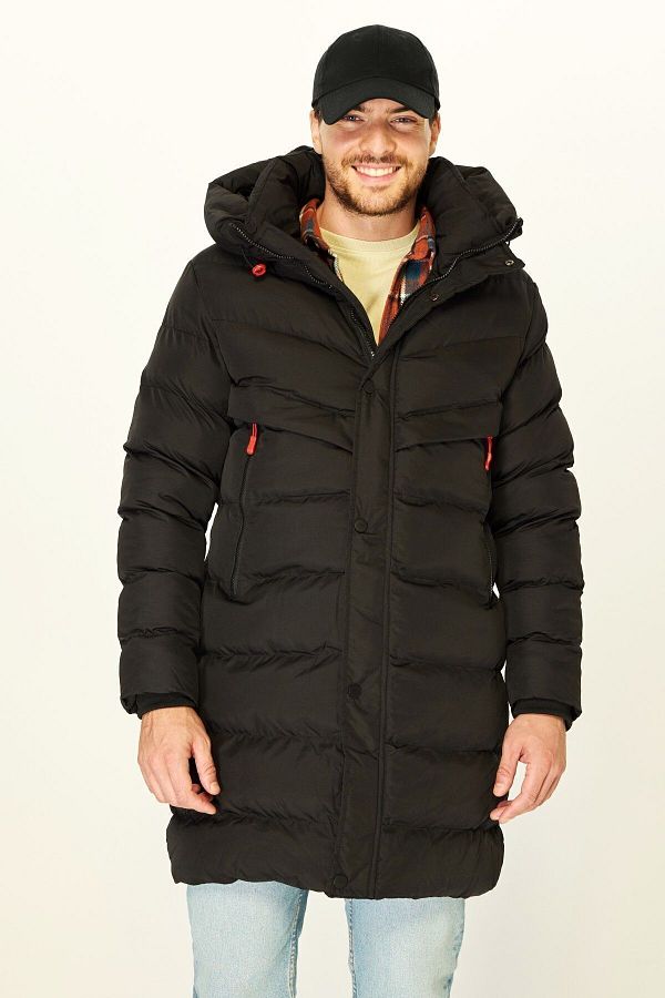 D1fference-Schwarzer Puffer-Parka für Herren – mit Kapuze, winddicht, mit Fasern gefüllt, langer Wintermantel 1