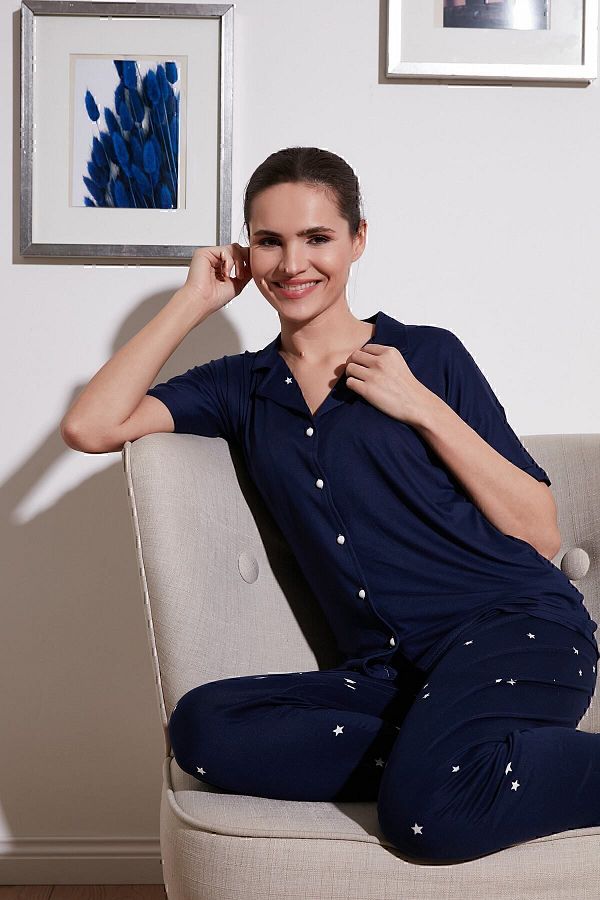 Lela-Set pijama țesută cu guler de cămașă cu mânecă scurtă și talie elastică cu model Set pijama 6097515 1