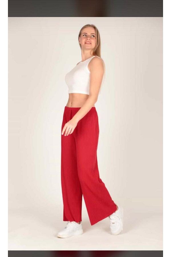 Cooqpoo Red Wide Leg Ribbed Summer Pants Size M L Xl Women s Sweatpants Trendyol