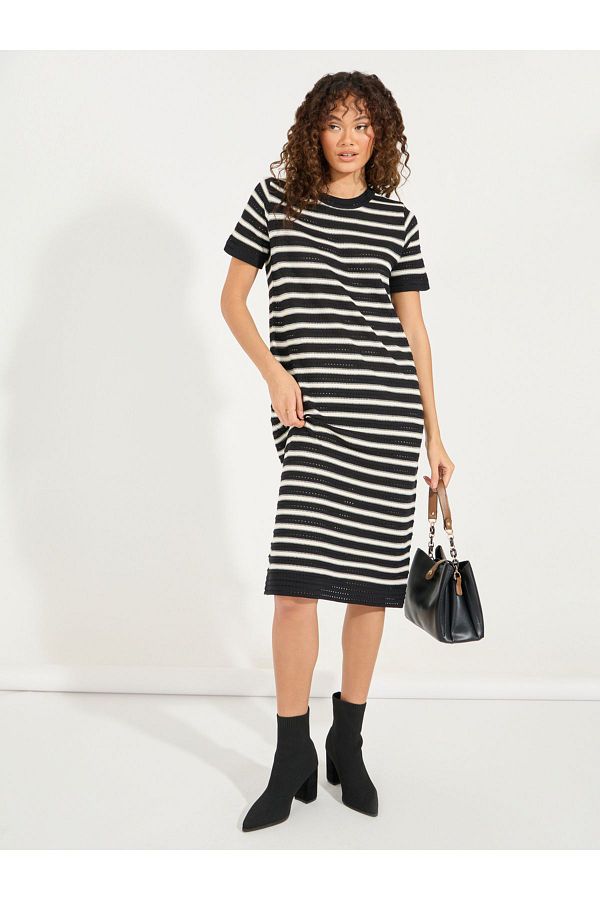 Styli Striped Knitted T Shirt Knee Length Dress Trendyol