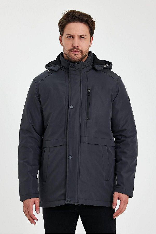 S VA ST Gray Thick Fur Detachable Hooded Wind and Waterproof Coat Trendyol