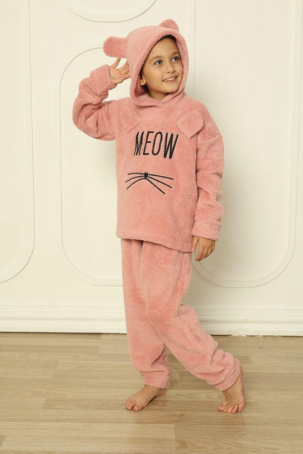 Pijamaevi Girl Pink Meow Patterned Full Plush Pajama Set Trendyol