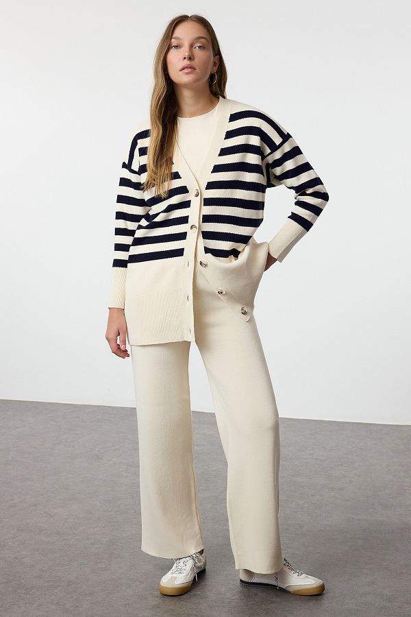 TRENDYOL MODEST Jacquard Striped Cardigan and Trousers Set Stone Button Detail Tctaw24Us00054 Trendyol