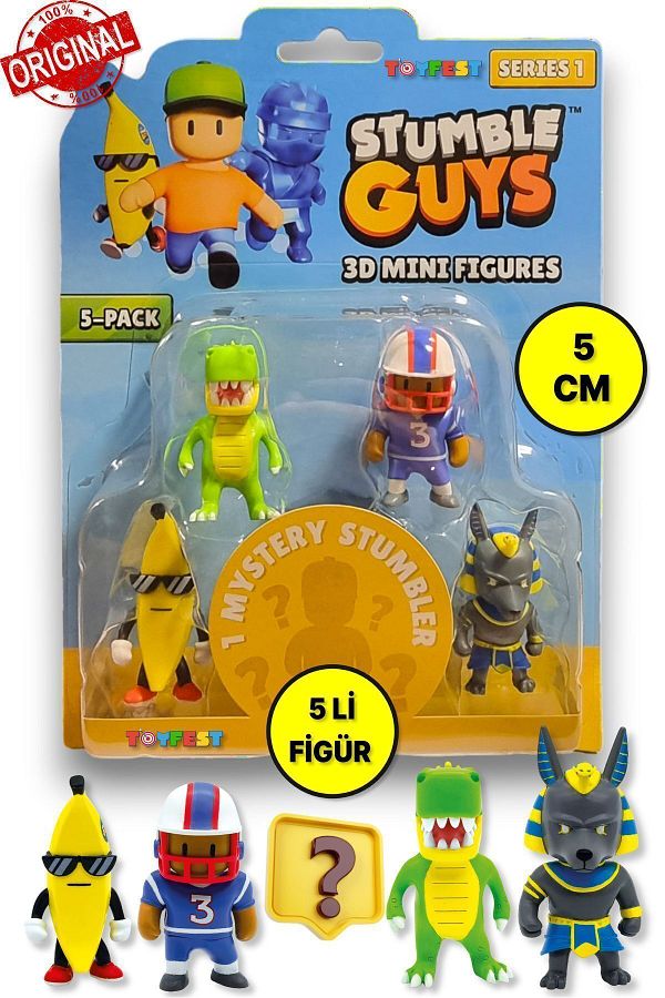 TOYFEST-Stumble Guys Series 1 - 3D Mini 1 i Set of 5 Figures with Surprise - T-rex Quarterback Banana Guy Anubis 1