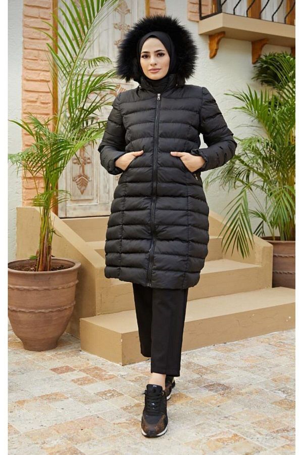 moda moda-Palton lung negru din puf 1
