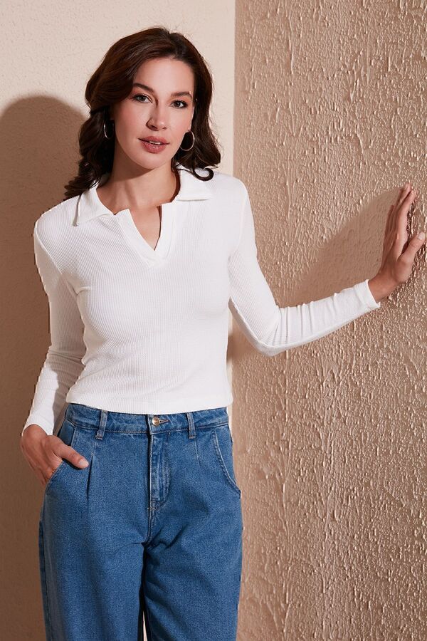 Lela-بلوزة ضيقة ملفوفة من القماش المضلع بياقة بولو BLOUSE 5865448 1