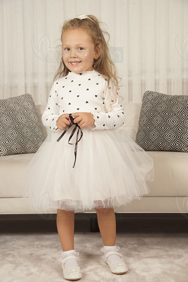 neocotton Kız Bebek-Çocuk Uzun Kollu Doğum Günü ve Özel Günler İçin Kalpli Tüllü Astarlı Elbise