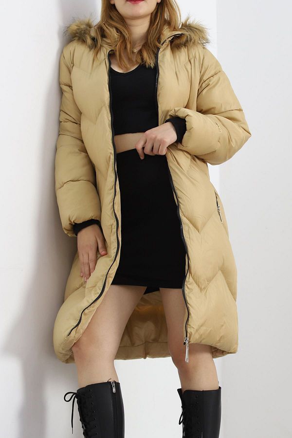 lavish Camel Rio Coat Furry Hoodie Model 6126.1555 Trendyol