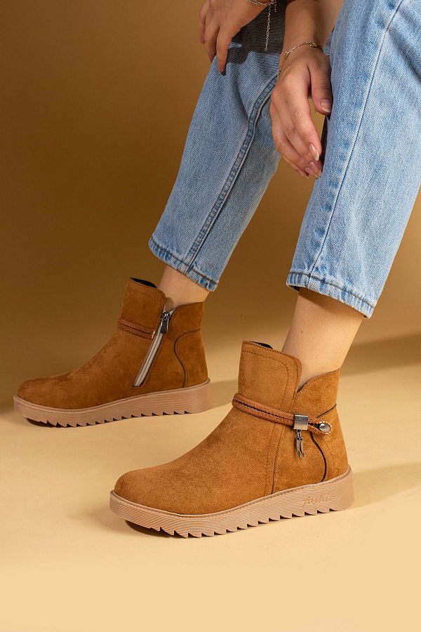 Ege s Shoes Tan Suede Women s Boots Comfortable Fit Non Slip Sole Buckle and Warm Lining Trendyol