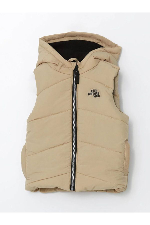 LC Waikiki Lcw Baby Baby Boy Puffer Vest Dark Beige Hooded Printed Trendyol