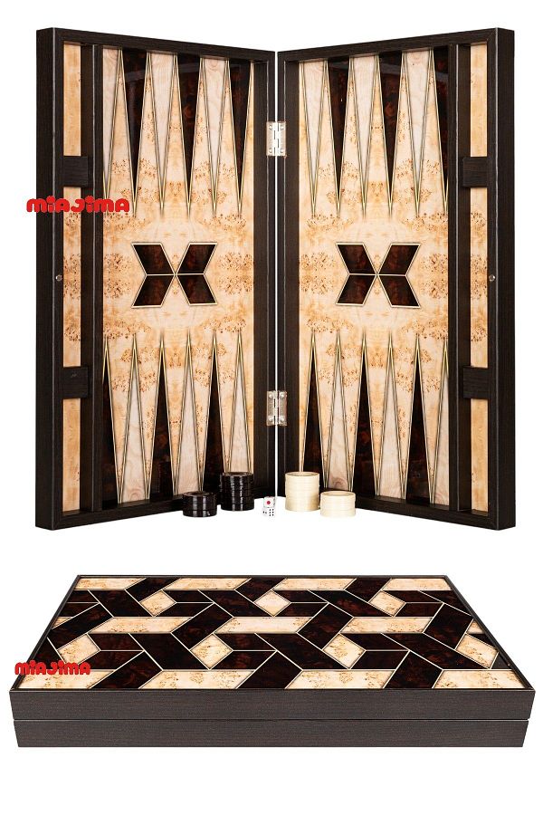 Miajima-Geometric Patterned Walnut Trendy Backgammon Set with Flake Tank Large Size 1
