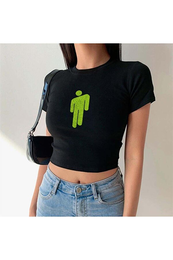 DEEFWEAR Billie Eilish Logo Printed Stillex Black Crop Top- Trendyol