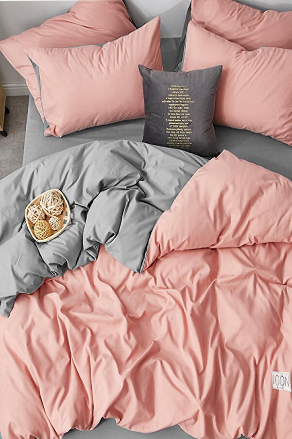 İQON Lastikli Çarşaflı Nevresim Takımı Çift Kişilik Somon Gri